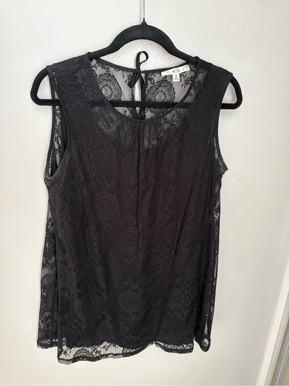 CAbi Black Lace Sleeveless Shell with Back Tie
